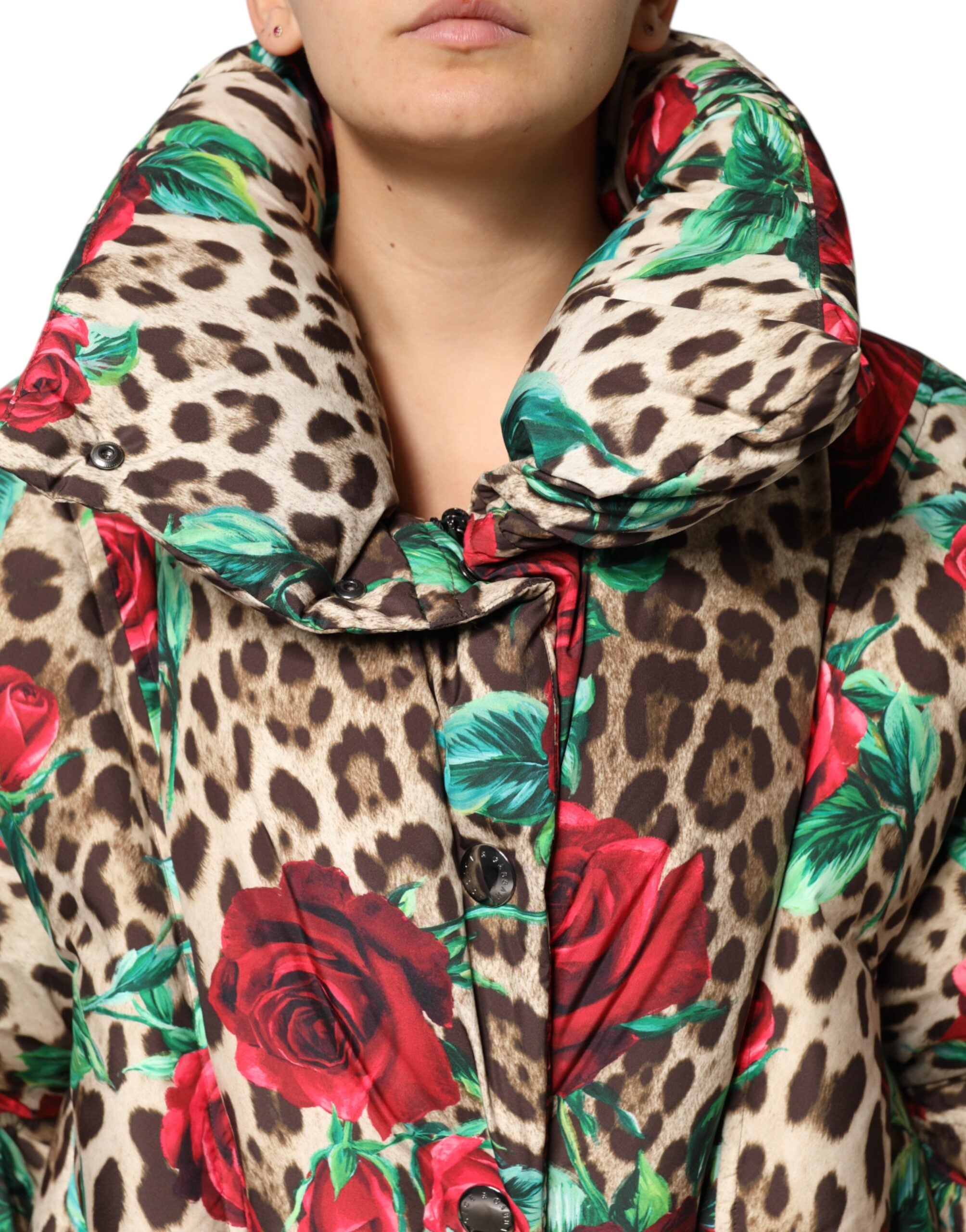 Dolce & Gabbana Multicolor Leopard Rose Puffer Steppjacke